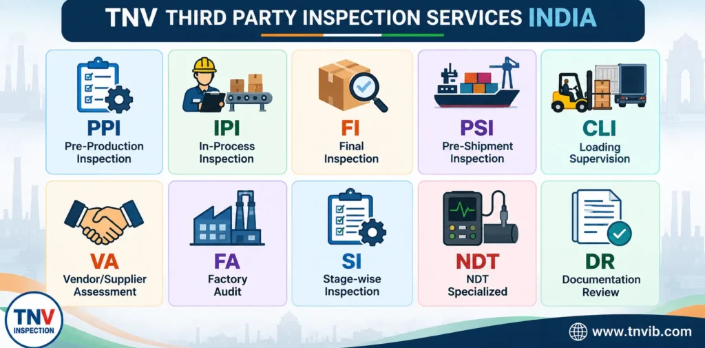 TNV third party inspection services India — pre-shipment inspection factory audit NDT vendor assessment and more