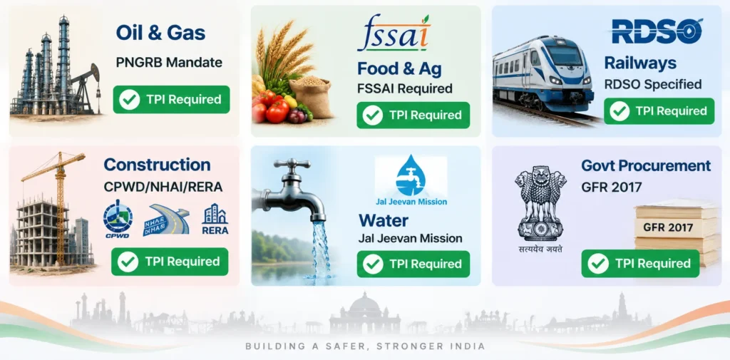 Sectors where third party inspection is mandatory in India — PNGRB oil gas, FSSAI food, RDSO railways, CPWD NHAI construction