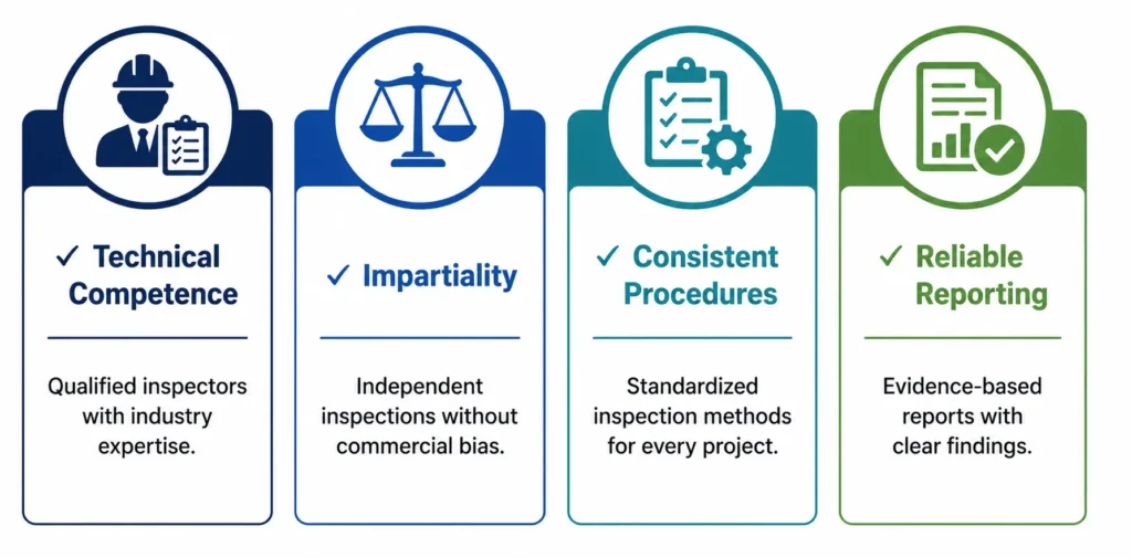 Key Characteristics of an Accredited Inspection Body infographic by TNV Inspection Division – Technical Competence, Impartiality, Consistent Procedures, and Reliable Reporting.