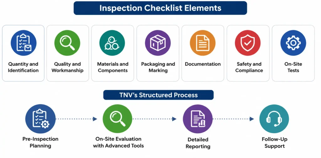 TNV Inspection Division infographic showing key Inspection Checklist Elements (Quantity, Quality, Materials, Packaging, Documentation, Safety, On-Site Tests) and TNV’s Structured Process (Pre-Inspection Planning → On-Site Evaluation → Detailed Reporting → Follow-Up Support) – Third-party inspection services.