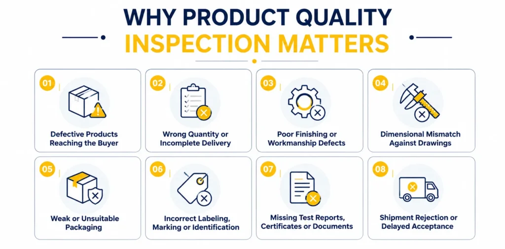 Why Product Quality Inspection Matters – Infographic highlighting 8 common risks such as defective products, wrong quantity, poor workmanship, dimensional issues, unsuitable packaging, incorrect labeling, missing documents, and shipment rejection – TNV Inspection Division third-party quality inspection services.