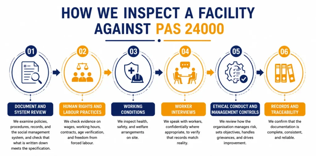 TNV Inspection Division’s 6-step process for auditing facilities against PAS 24000:2022 Social Management System – covering document review, human rights & labour practices, working conditions, worker interviews, ethical conduct, and records & traceability.