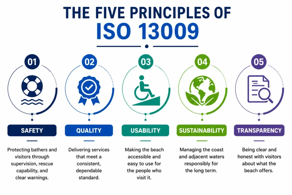 The Five Principles of ISO 13009 infographic – Safety, Quality, Usability, Sustainability, and Transparency – Beach and coastal management standard, supported by TNV Inspection Division third-party audit and certification services.