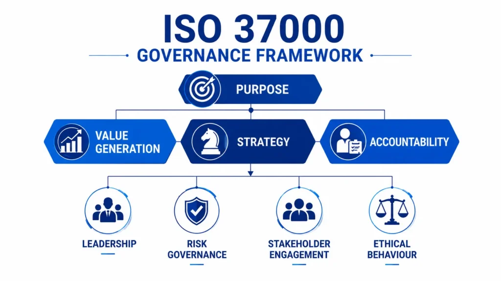 ISO 37000 Governance Framework infographic by TNV Inspection Division – illustrating core elements including Purpose, Value Generation, Strategy, Accountability, Leadership, Risk Governance, Stakeholder Engagement, and Ethical Behaviour.
