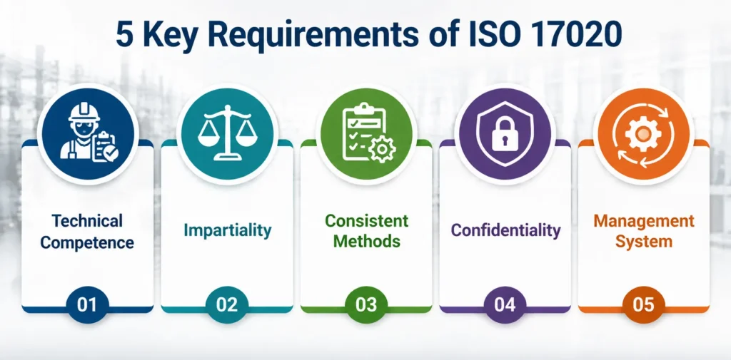 Infographic showing the five key requirements of ISO/IEC 17020 including technical competence, impartiality, consistent methods, confidentiality, and management system