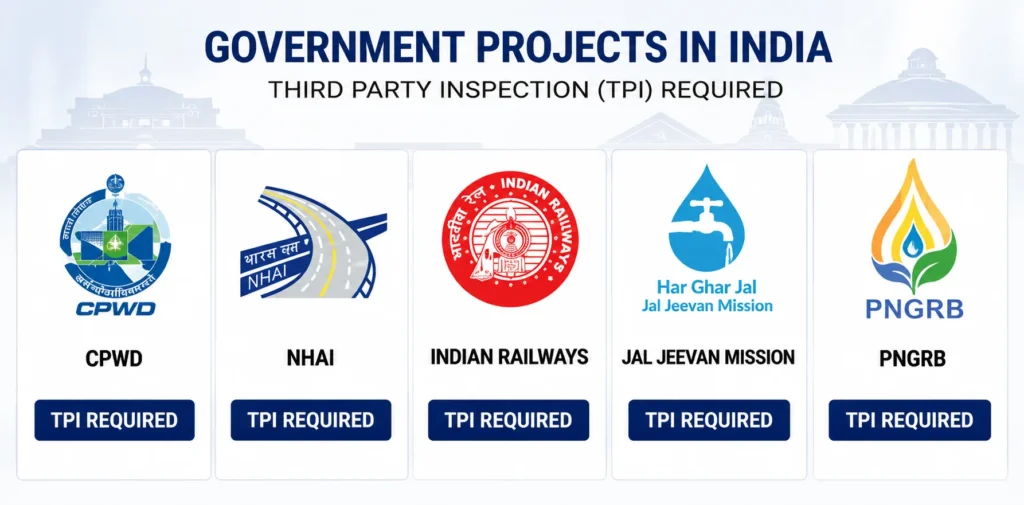 Government bodies in India that require third party inspection CPWD NHAI RDSO Jal Jeevan Mission PNGRB