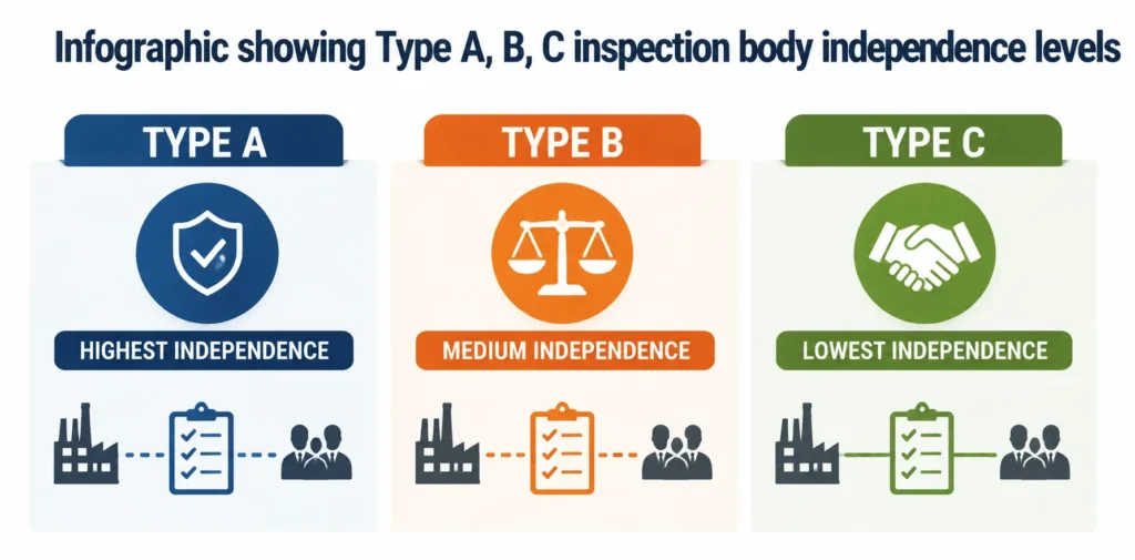 Infographic comparing Type A, Type B, and Type C inspection bodies based on their levels of independence and impartiality.