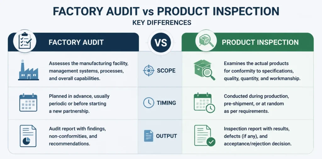Factory audit vs product inspection India what each covers and when to use them