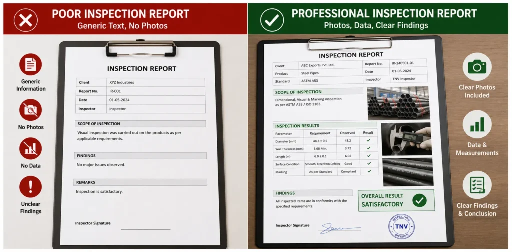 What a good inspection report looks like third party inspection services India report quality comparison