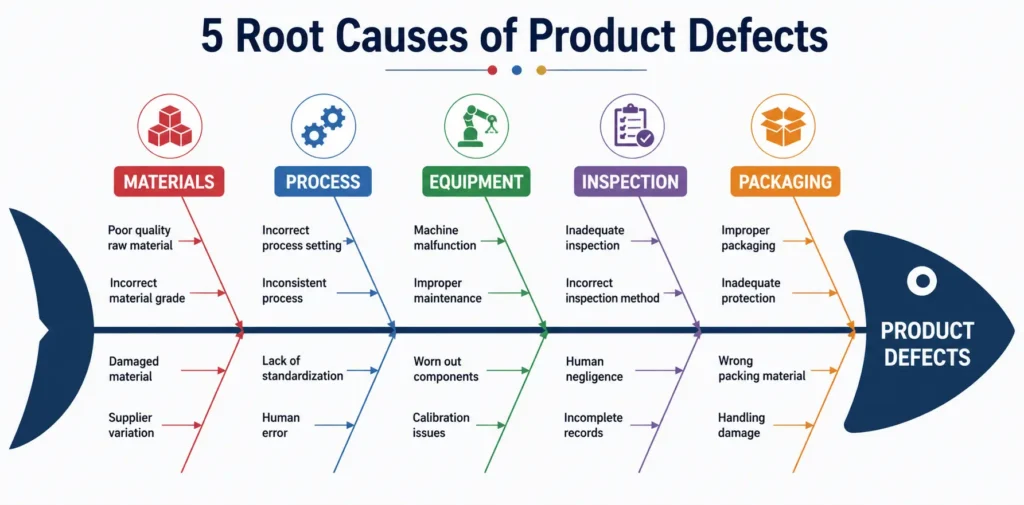 Root causes of product defects in Indian manufacturing materials, process, equipment,