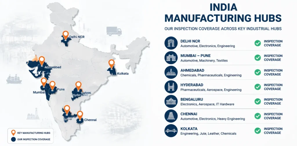 Third party inspection company coverage across India key manufacturing cities and industrial clusters