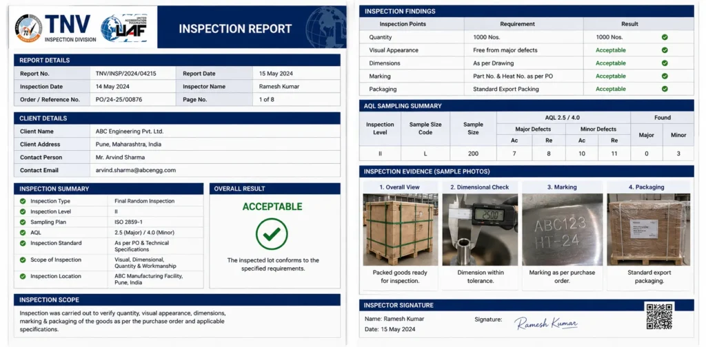 TNV inspection report India professional third party inspection report format for Indian buyers and exporters