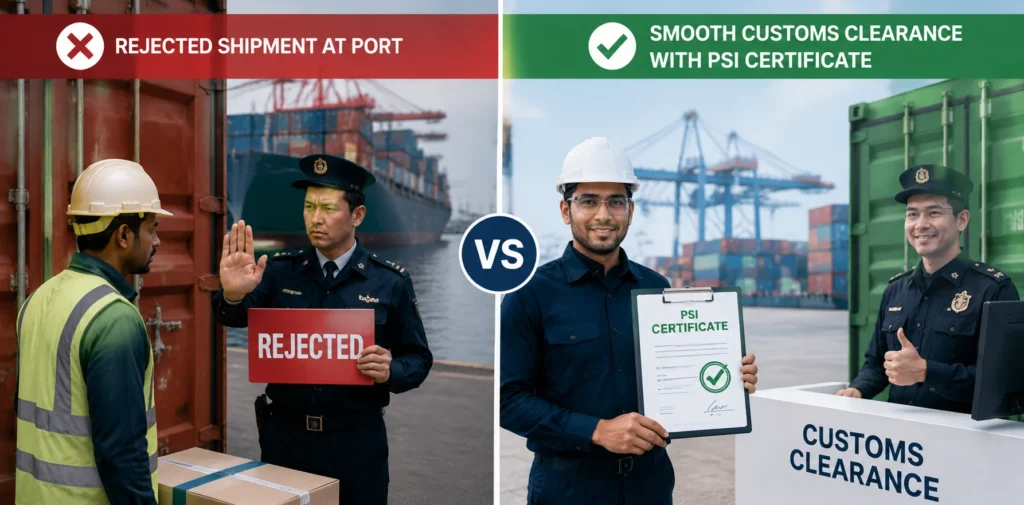 Pre-Shipment Inspection (PSI) certificate helps exporters avoid shipment rejection and ensures smooth customs clearance