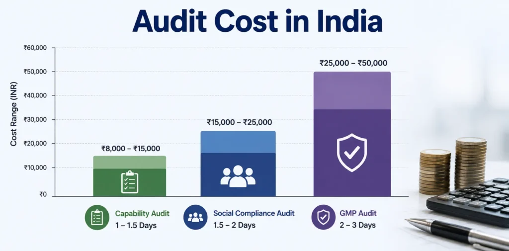 Factory audit cost India 2026 by audit type from supplier capability to GMP and social compliance audit pricing