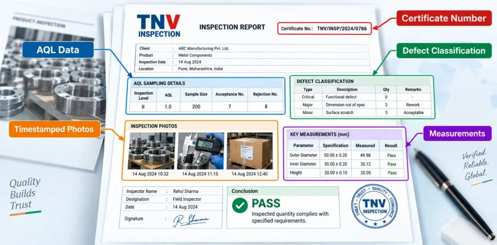 What a good third party inspection report contains India AQL data defect classification photos certificate number explained